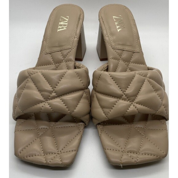 ZARA Neutral Nude Quilted 1 Band Square Toe Block 3” Heels EUC Sz 39 / 8 Tan - Picture 1 of 10